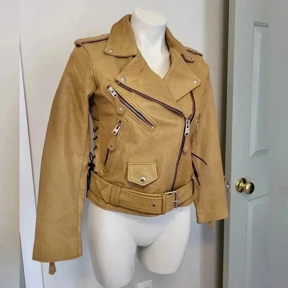 ALLSAINTS (RARE) Sarana Lace Up Moto Zip BuckleBrown Biker Leather Jacket(4) - Picture 1 of 14